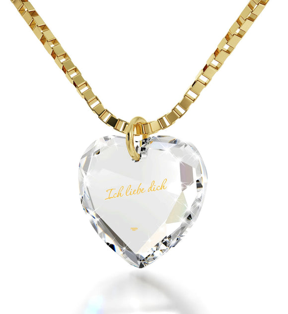 I Love You in German ג€IchLiebe Dichג€ Engraved in 24k Pure Gold, Swarovski Necklace, Good Gifts for Girlfriend