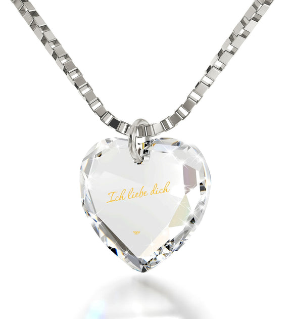 ג€I Love Youג€ in German ג€Ich Liebe Dichג€ Engraved in 24k Pure Gold, Swarovski Necklace, Good Gifts for Girlfriend