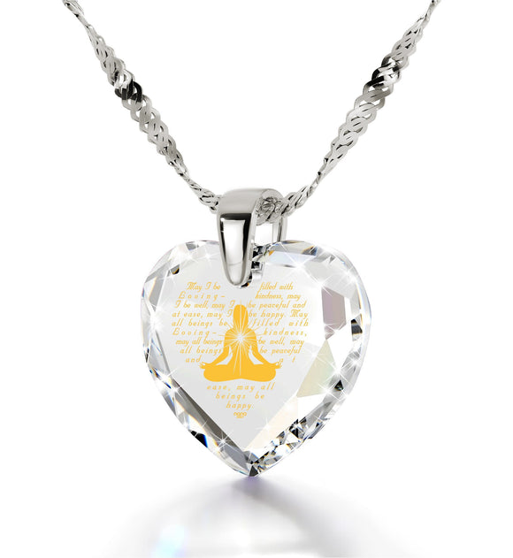Metta Woman Engraved in 24k, Buddhist Jewellery with Swarovski Crystal Stone, Spiritual Shop, Heart Necklaces for Women 