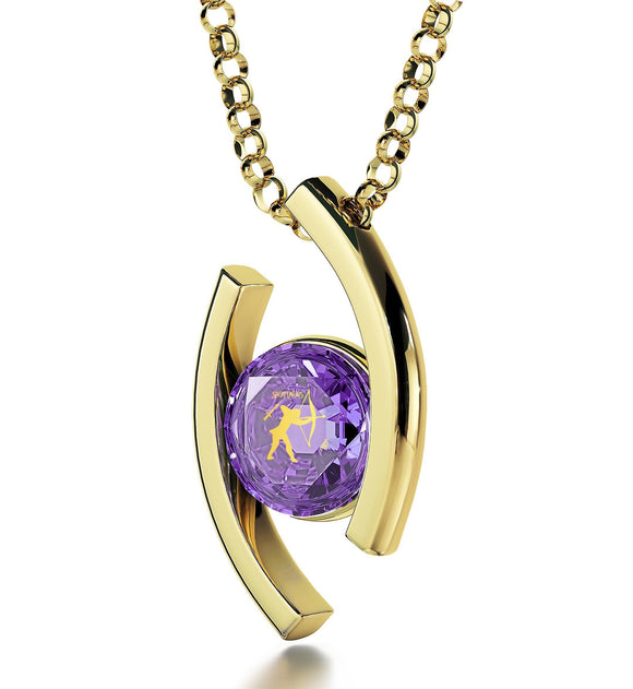 Sagittarius Necklace With Zodiac Imprint, Women's Gold Jewelry, Christmas Presents for Mum, Purple Pendant 