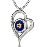 "Shema Yisrael" Engraved in 24k, Shema Necklace with Blue Diamond Pendant, Jewish Store, Heart Shaped Necklace 
