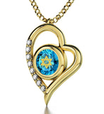 "Shema Yisrael" Engraved in 24k, Jewish Necklace with Blue Topaz Stone Pendant, Israeli Jewelry Designer 
